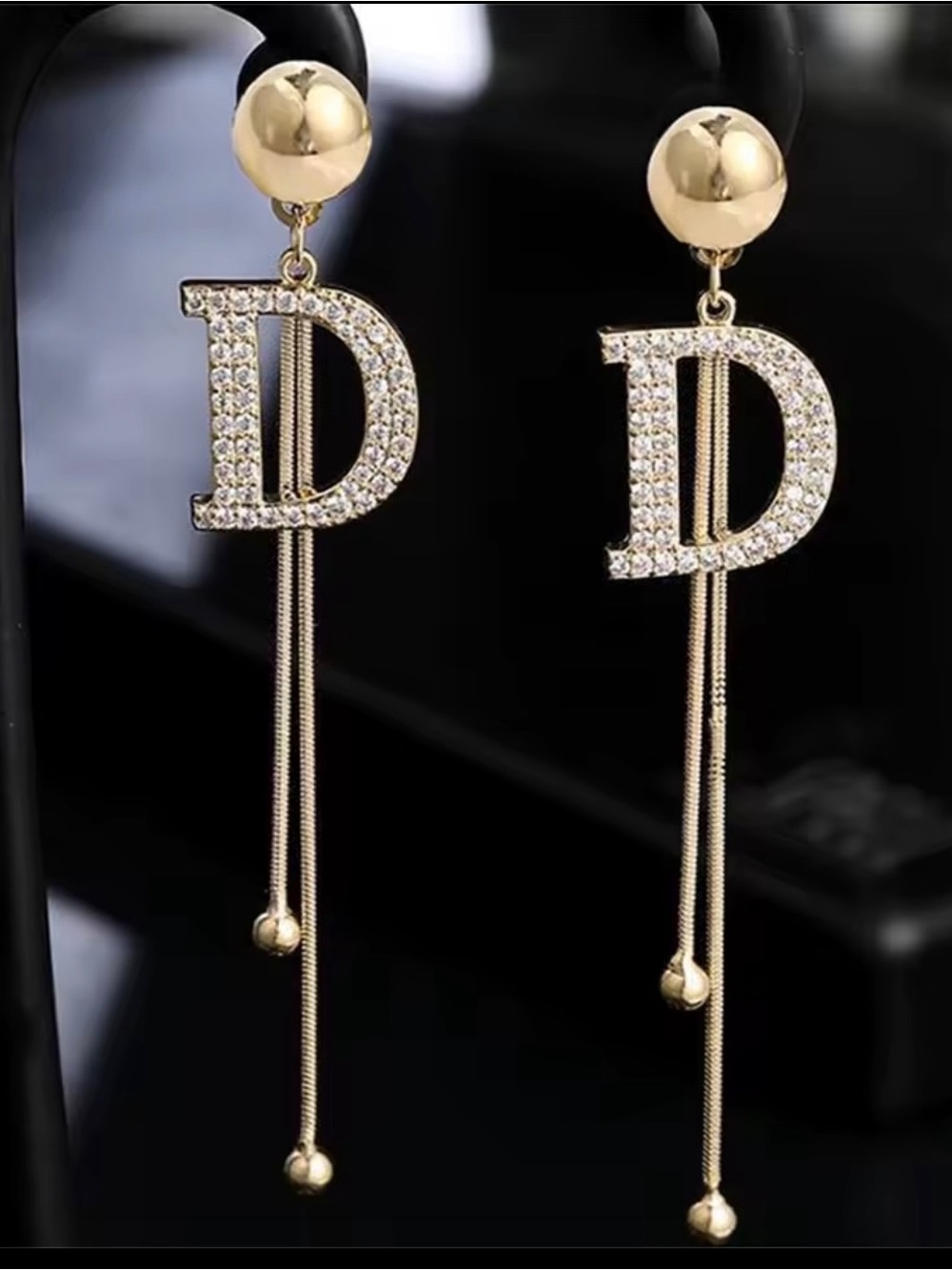 Gold Tone Crystal D Letter Drop Earrings Statement Long Dangle Jewelry NWOT